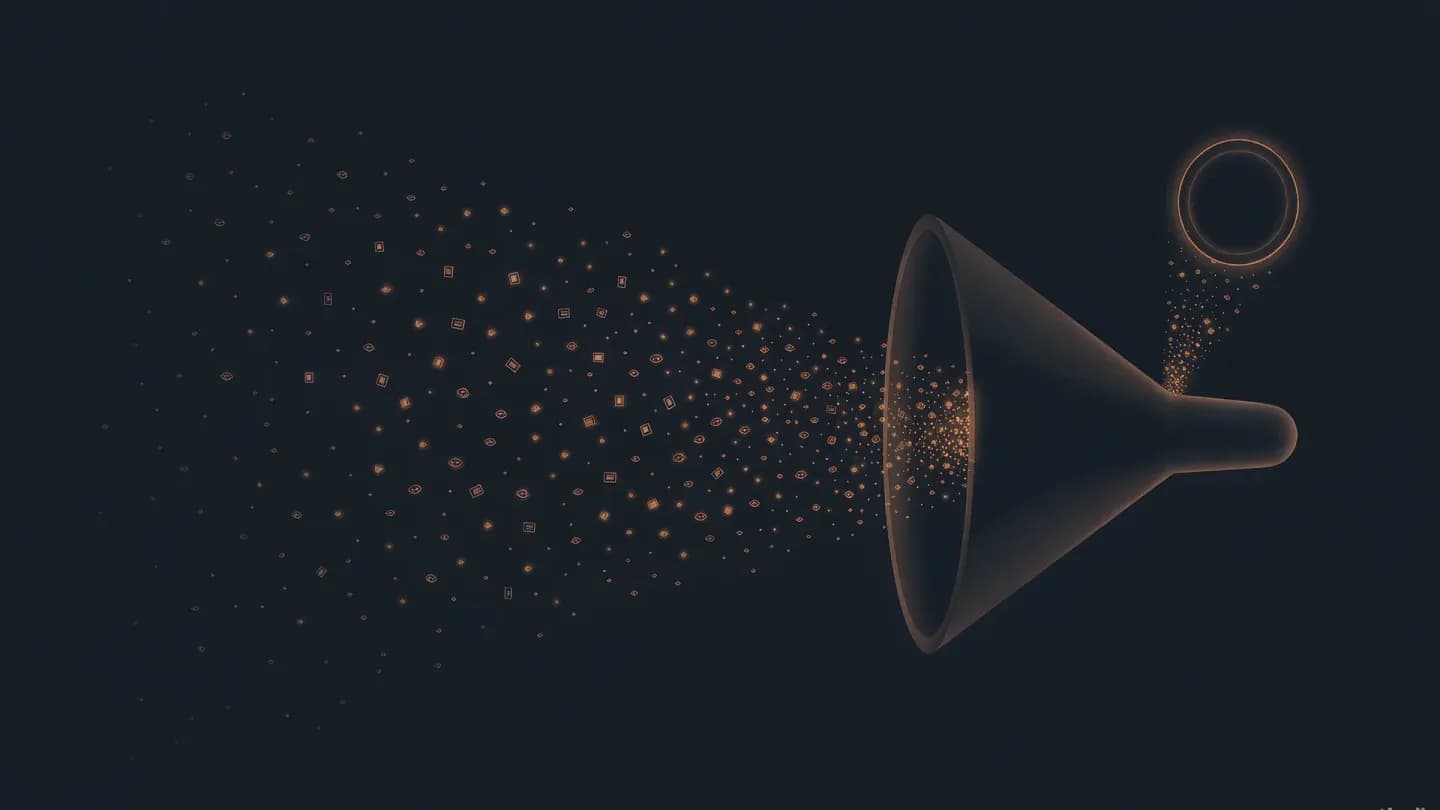 A stream of tiny glowing amber tokens flows across a dark navy field into a large funnel, one glowing coin hovering above the funnel mouth