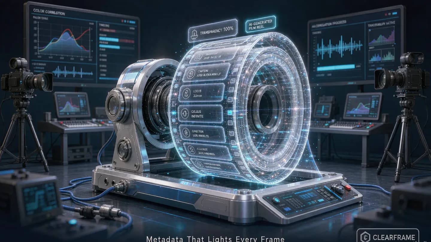 Illustration of an AI-generated video reel carrying embedded transparency metadata tags in a commercial production studio.