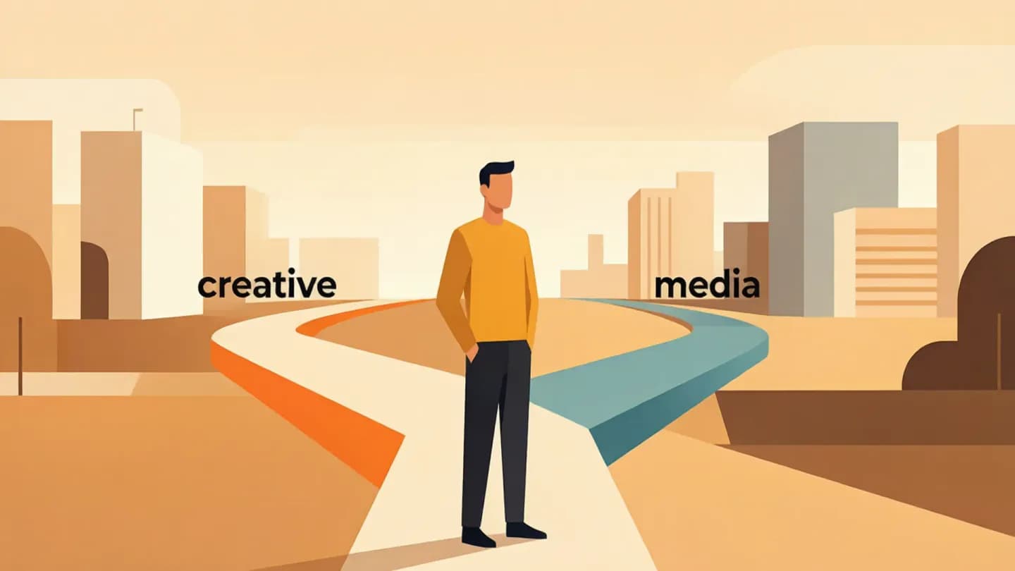 A brand-video producer at a fork in the road choosing between a creative-agency path and a media-agency path.