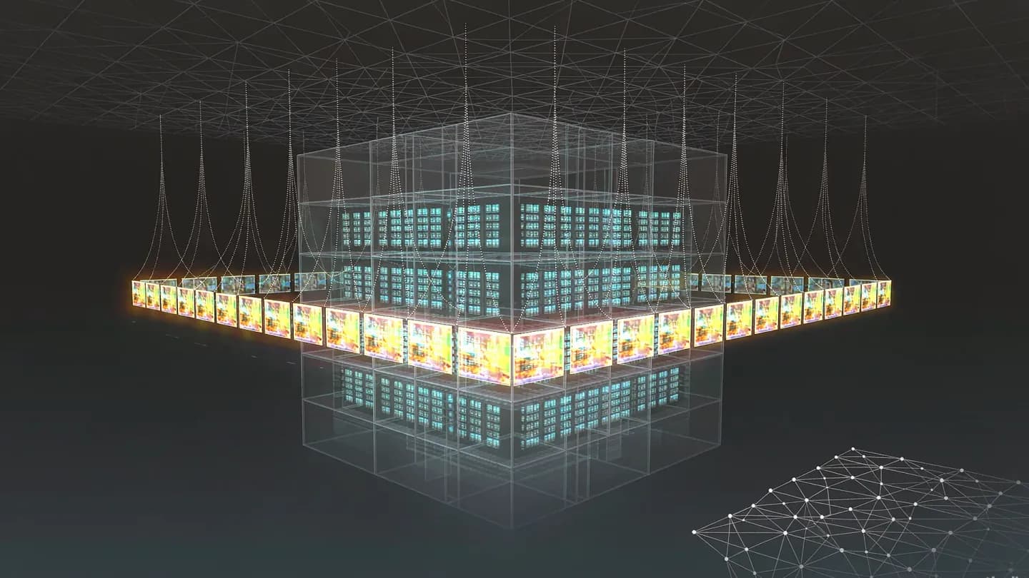 Illustration of a video timeline strip suspended inside a data centre structure with energy threads rising from its frames