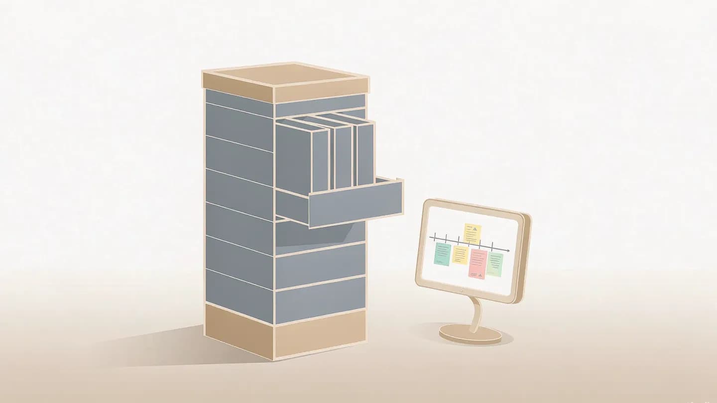 Flat vector illustration of an open archive filing cabinet with abstract folder tabs next to a monitor showing a simplified edit timeline of coloured clip blocks.