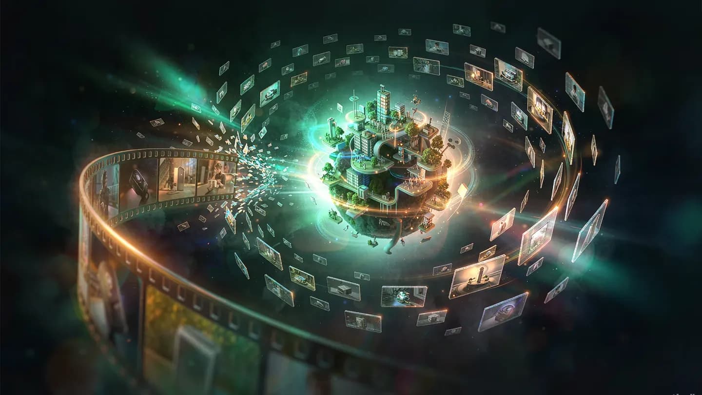 A film strip breaking into many small product cards circling a central brand world