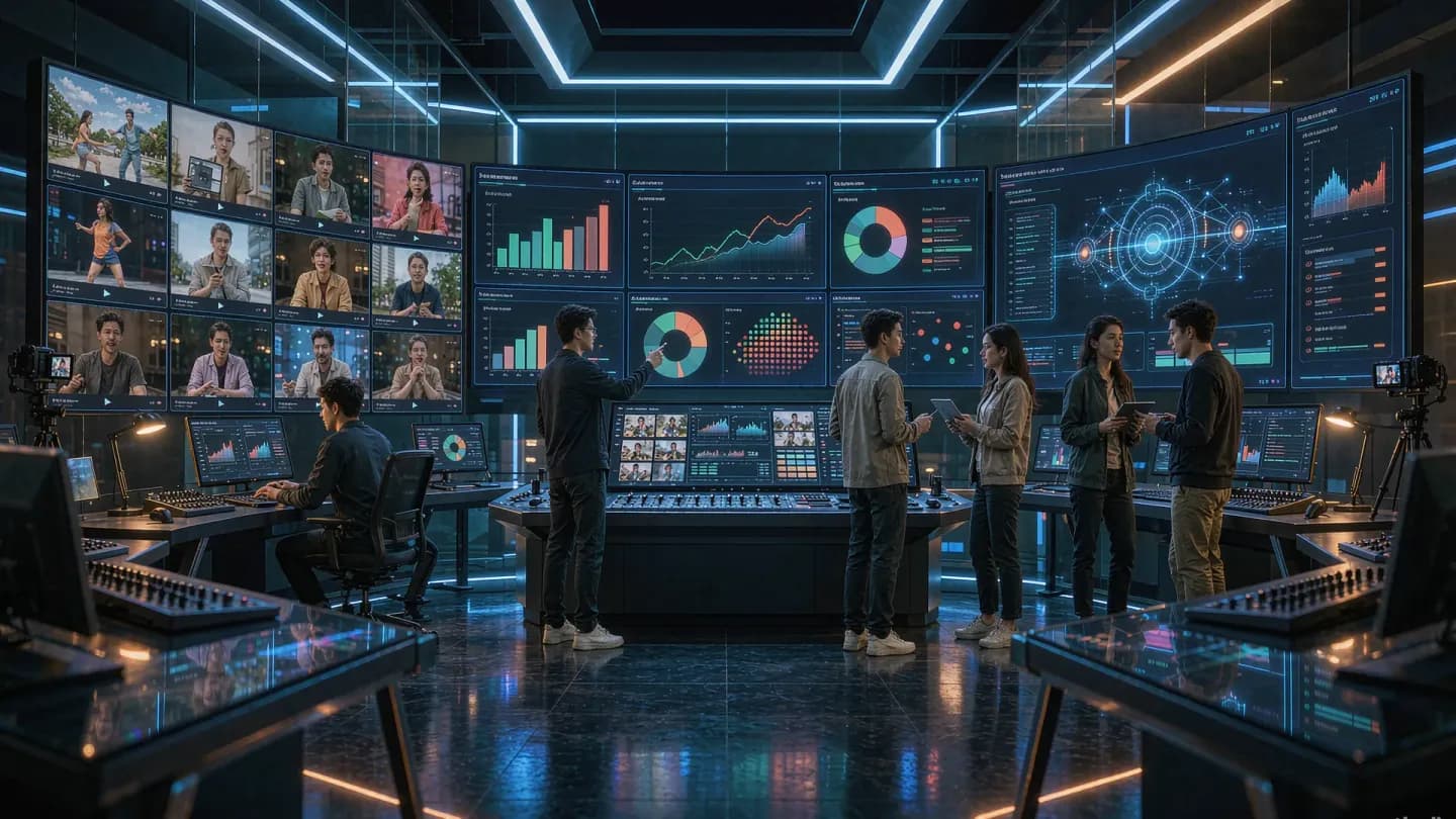 A commercial video team working at a control room with screens showing AI-generated video previews and performance dashboards