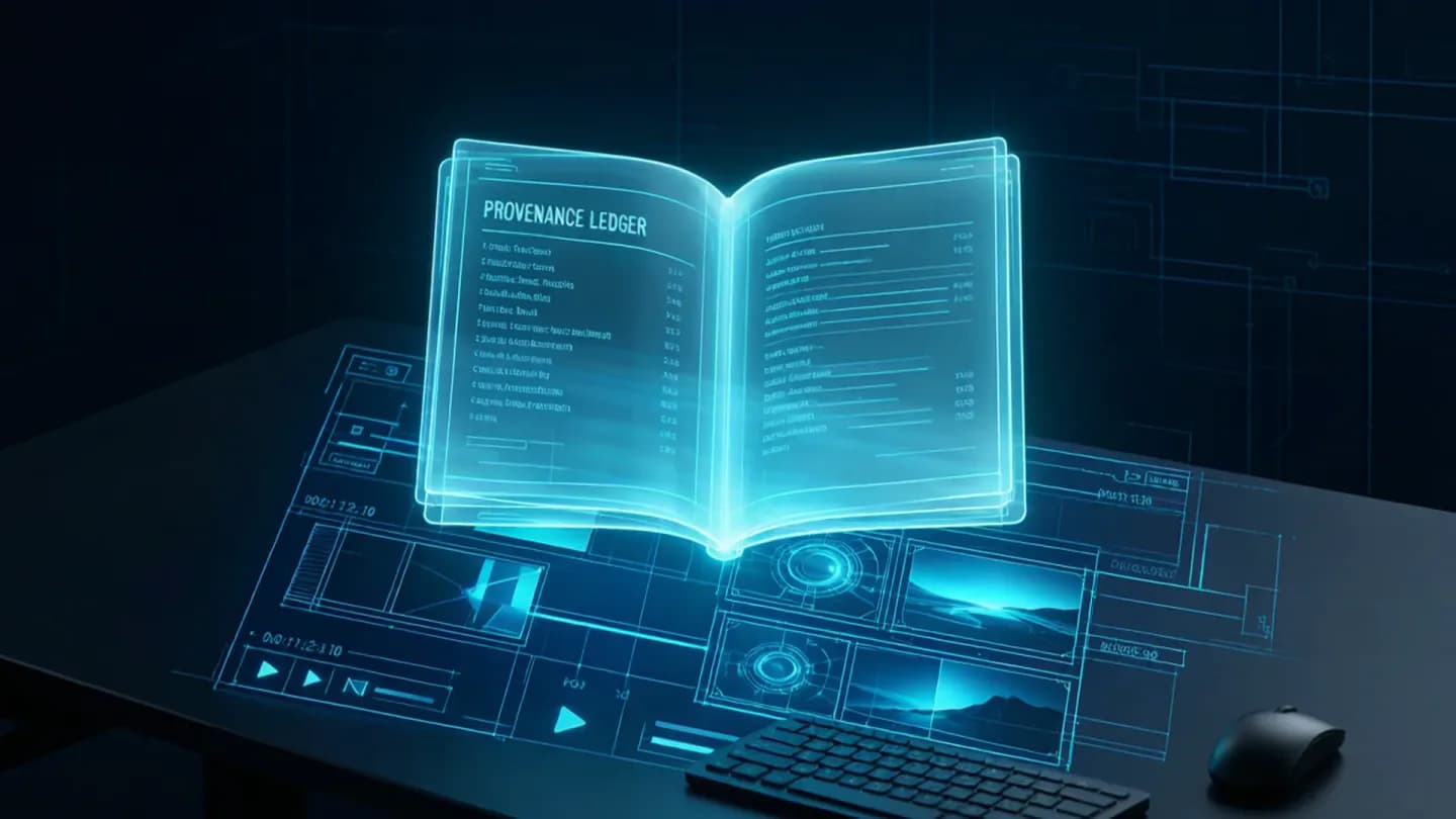 Overhead concept of an AI video audit trail: a translucent provenance ledger above a timeline of generated frames