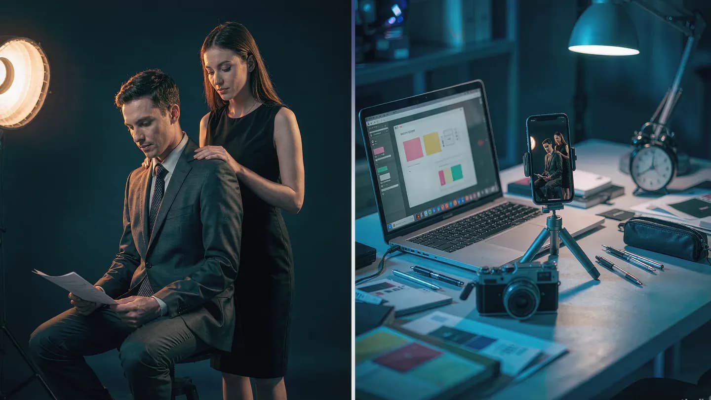 A brand commercial being assembled on an AI creative workstation shown as a cinematic split-screen.