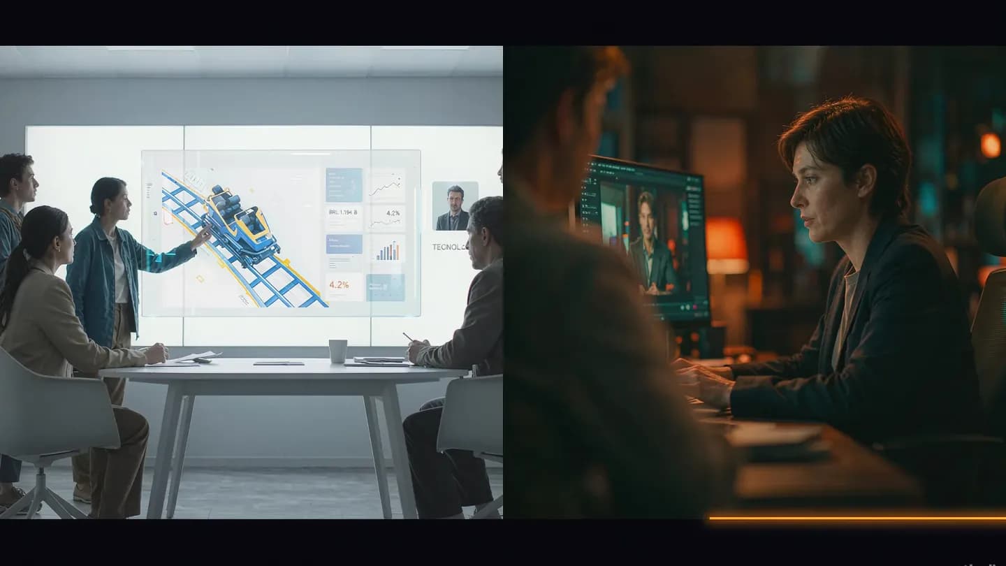 A human creative lead reviewing an AI-generated video preview on a holographic screen in a boardroom.