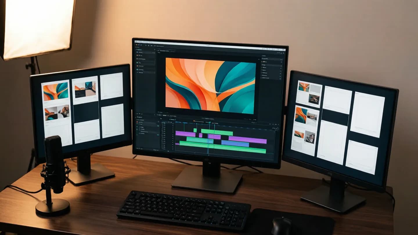 Overhead view of a desk showing several AI-generated video ad variants on editing monitors