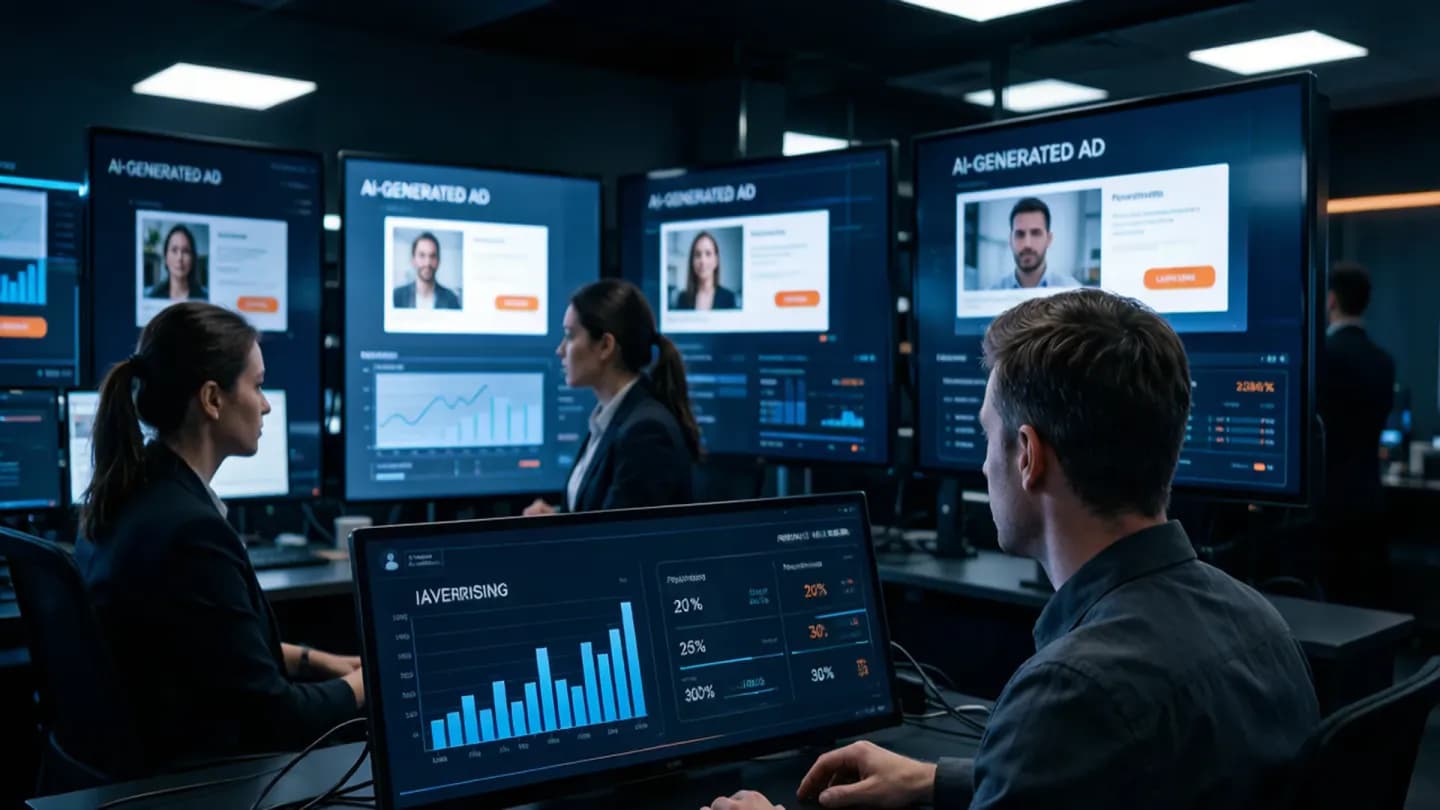 A dim creative-testing war room where rows of AI video ad variants glow on screens while a team reads performance dashboards.