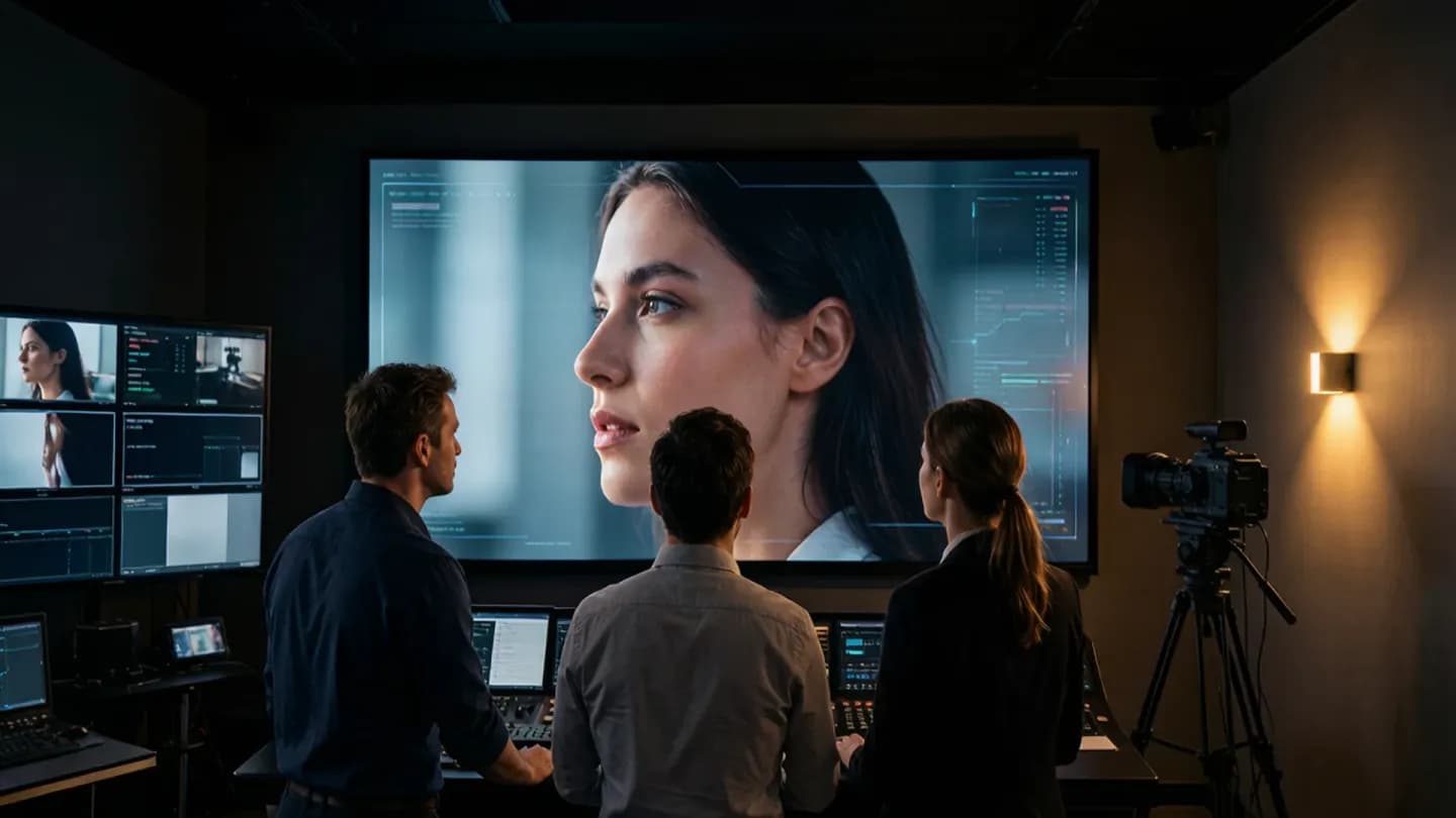 A brand team reviewing a finished AI-generated commercial on a studio control-room wall screen