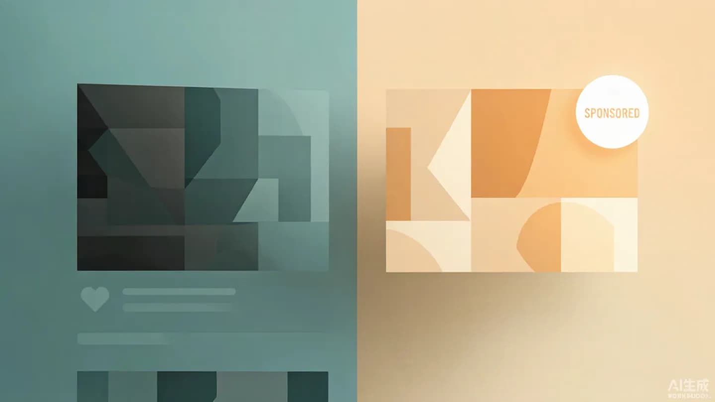 Illustration of a video thumbnail splitting into a demoted organic panel and a sponsored rising panel