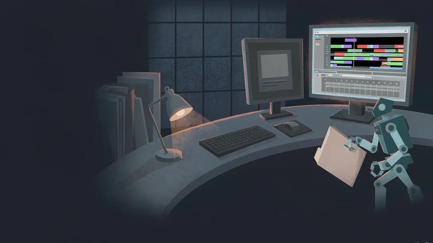 Flat vector illustration of a night-time editing suite with two timeline monitors and a small robot arm holding a plain folder beside the keyboard