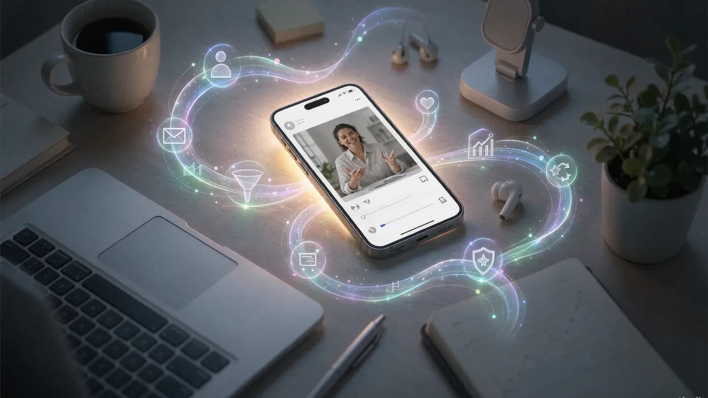 Overhead cinematic view of a desk with a smartphone showing a personalized AI video email.