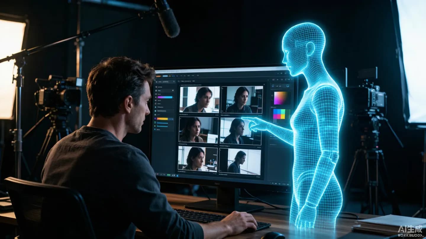 A human creative director and a glowing AI hologram reviewing a video storyboard together on a studio monitor.