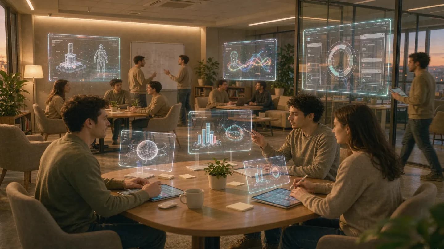 A workplace where glowing AI-generated training videos float around collaborating employees