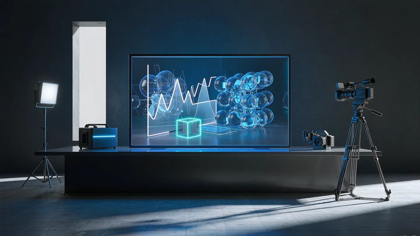 A glowing AI video production dashboard on a studio desk showing a rising learning-speed curve.