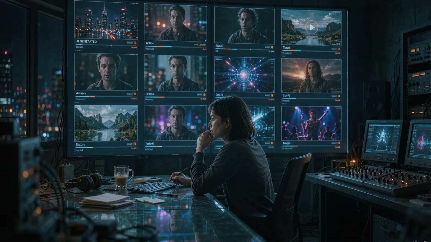 Editor reviewing a dashboard of AI-generated video thumbnails in a dim control room
