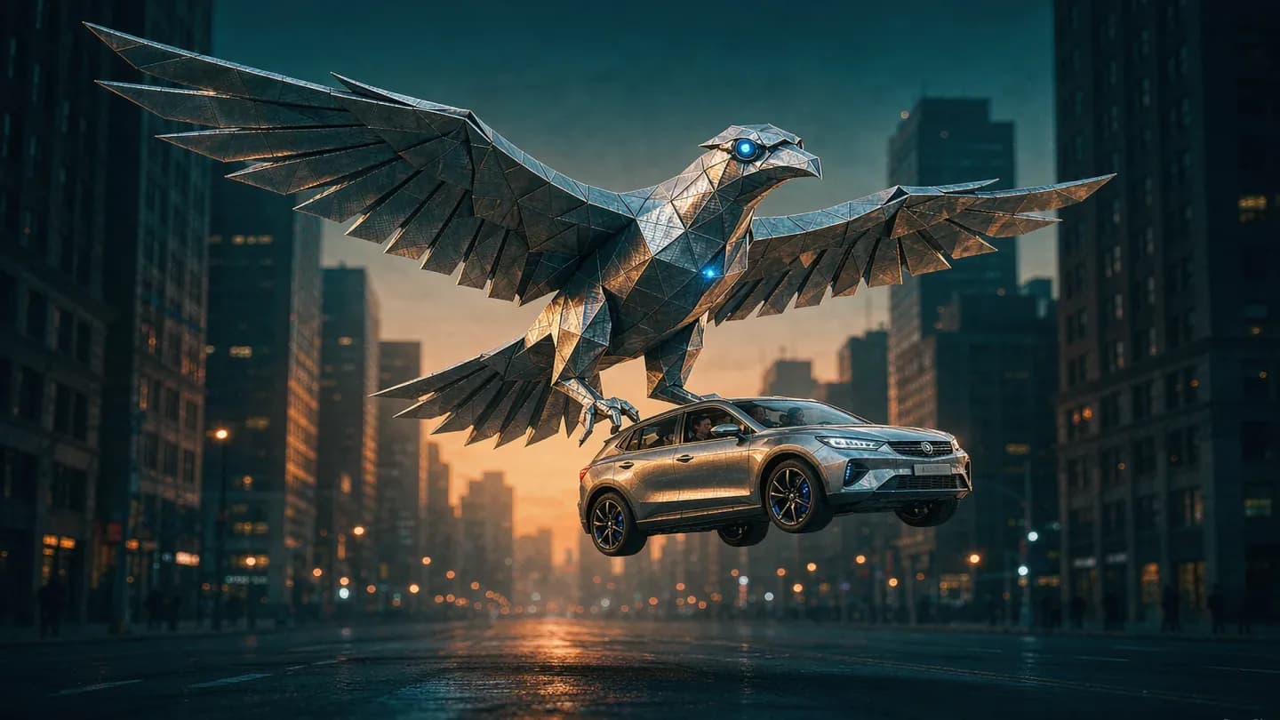 An oversized origami bird lifting a car above a dusk city street