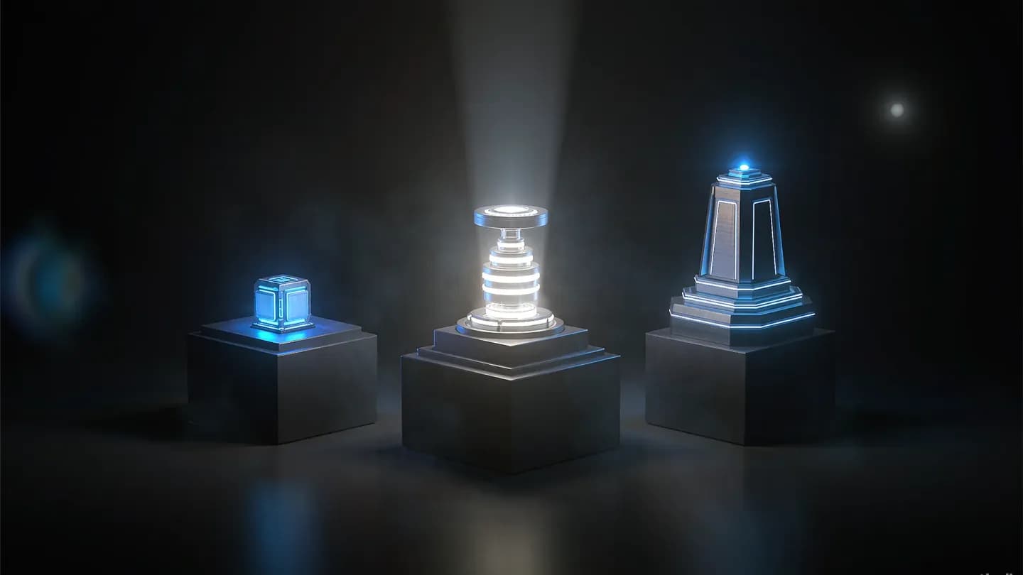 Three stylized AI video engine icons arranged as production tiers against a dark studio backdrop