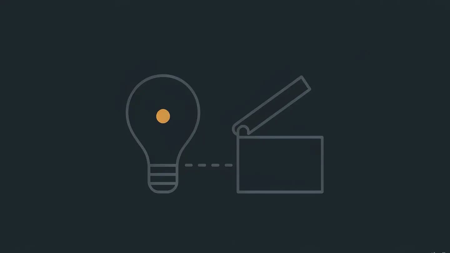 Flat editorial illustration on a dark navy background showing an outlined idea bulb connected by a dashed line to a smaller empty clapperboard silhouette.