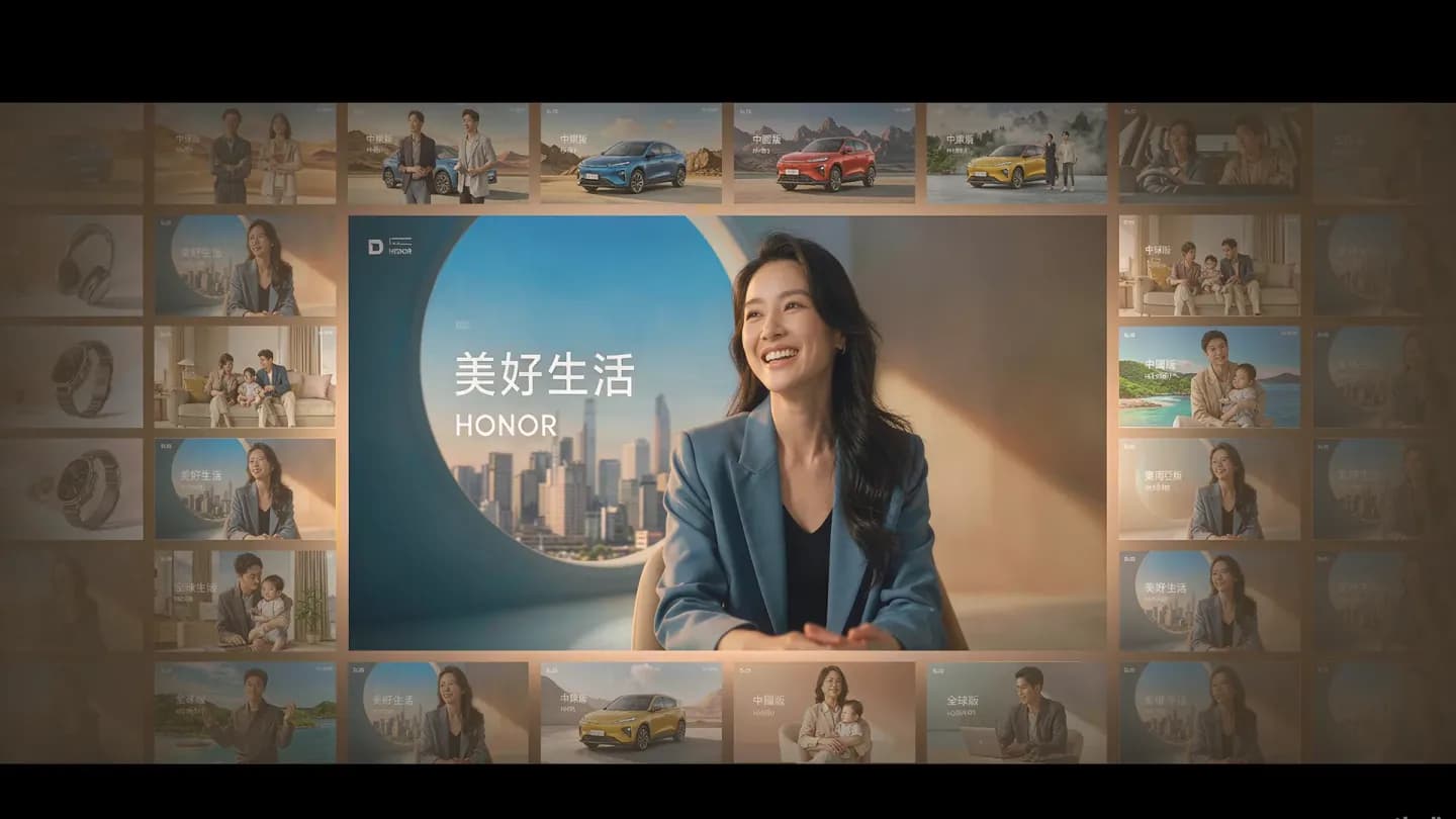One master AI video ad branching into a grid of many localized variant thumbnails