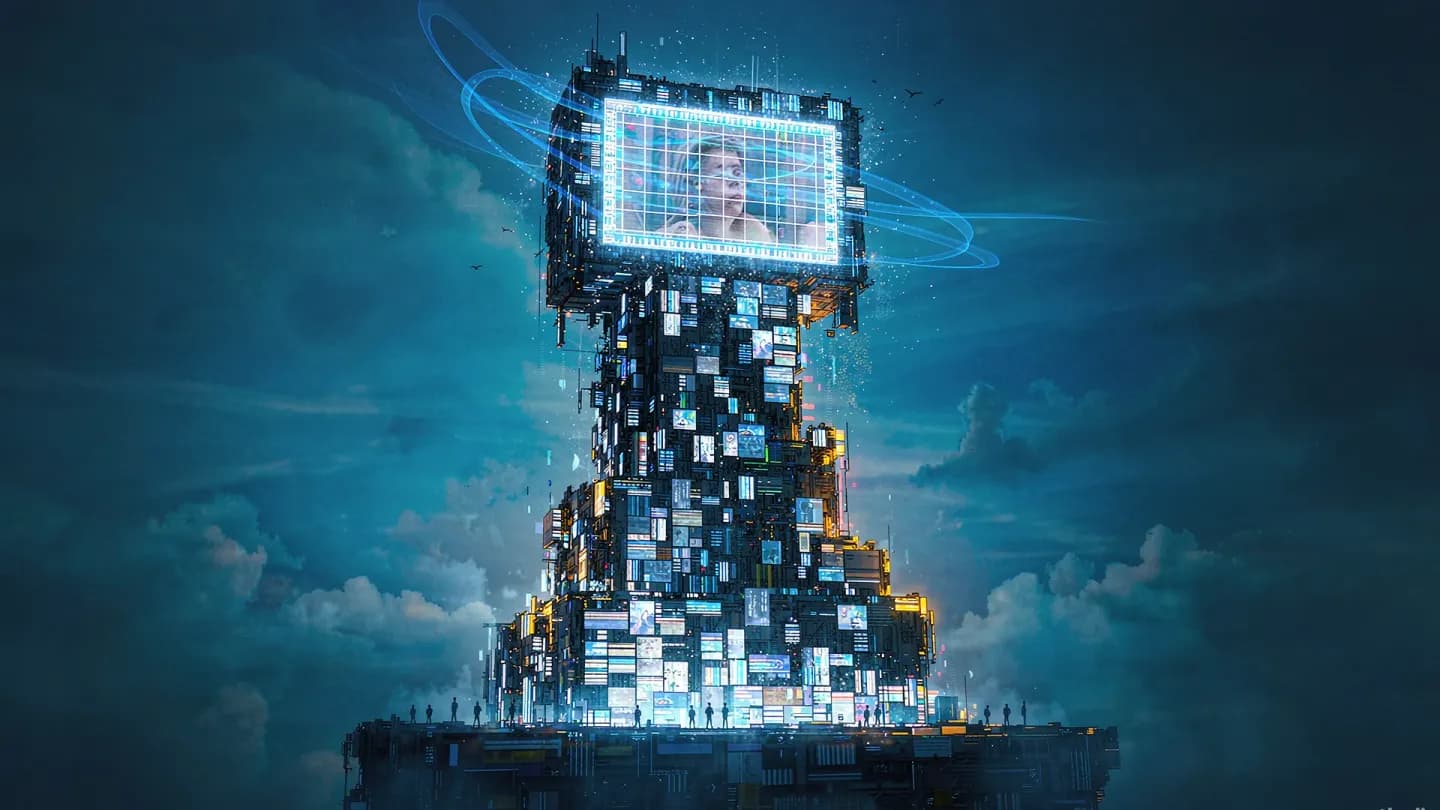A glowing algorithmic grid scanning an AI-generated video frame inside a control tower of social-media panels