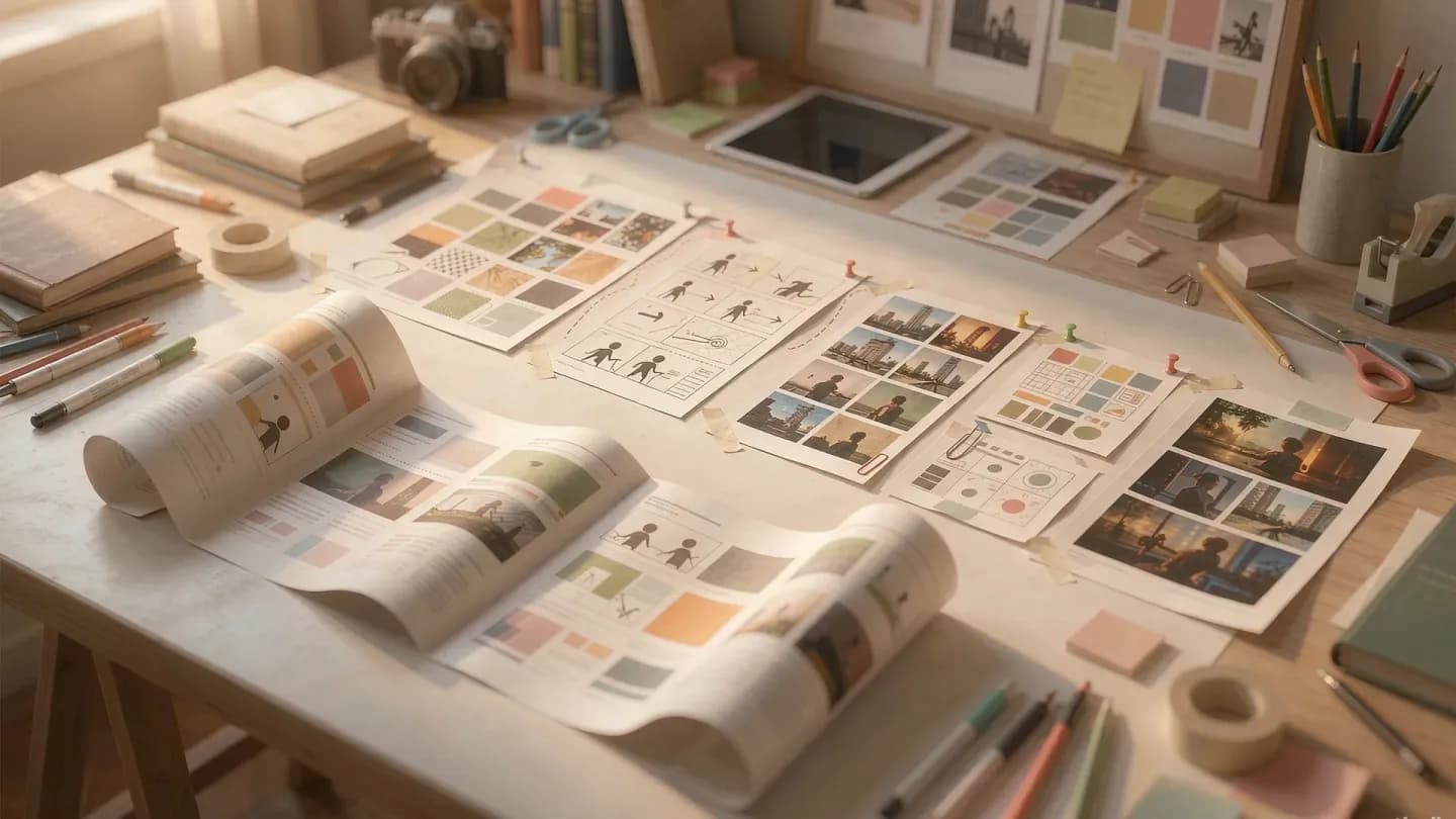 Overhead view of a creative studio where a brief becomes a timeline of storyboards and video frames