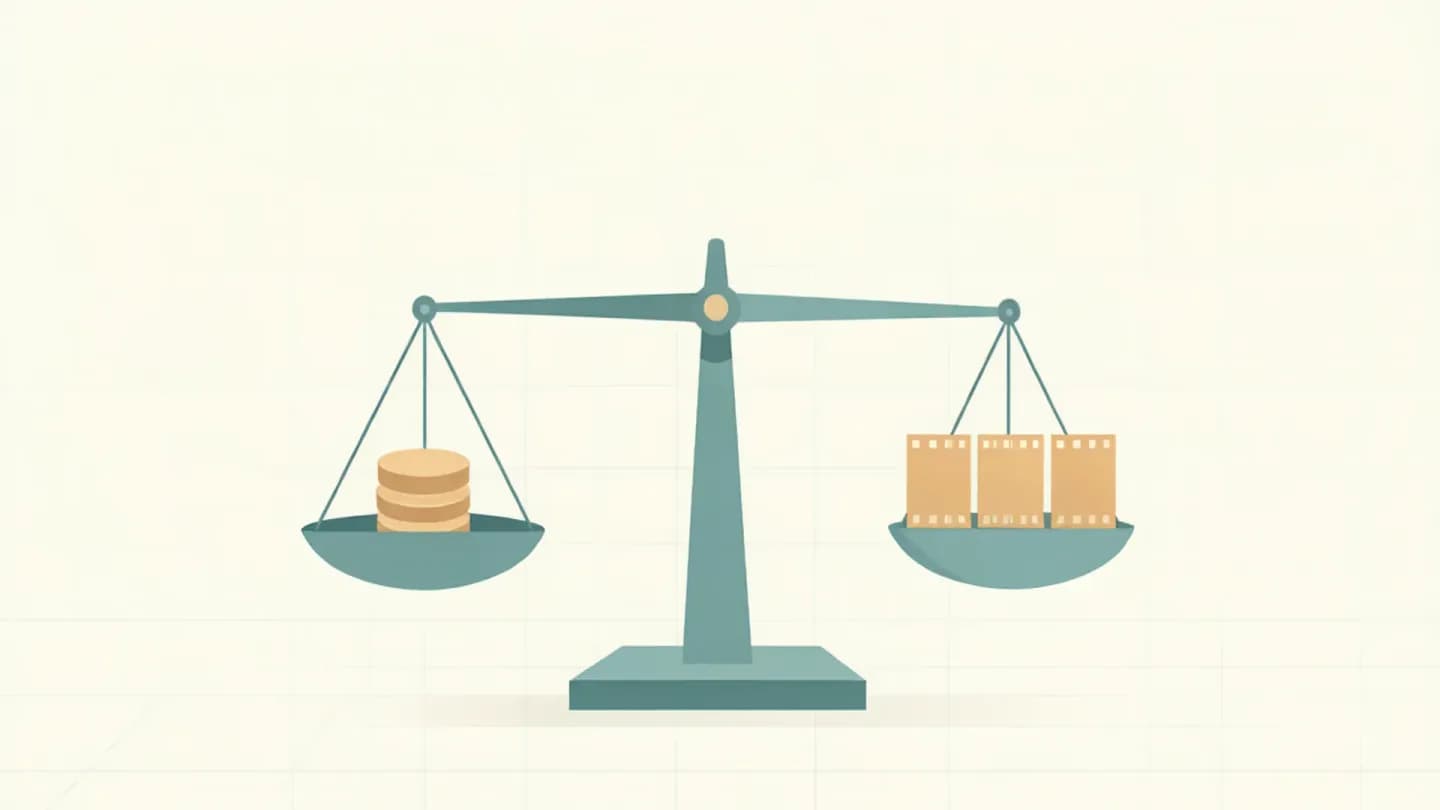 Illustration of a balance scale weighing a stack of coins against a row of three film frames