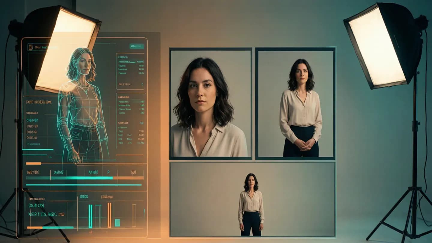 A director reviewing three consistent AI-generated character frames on a monitor