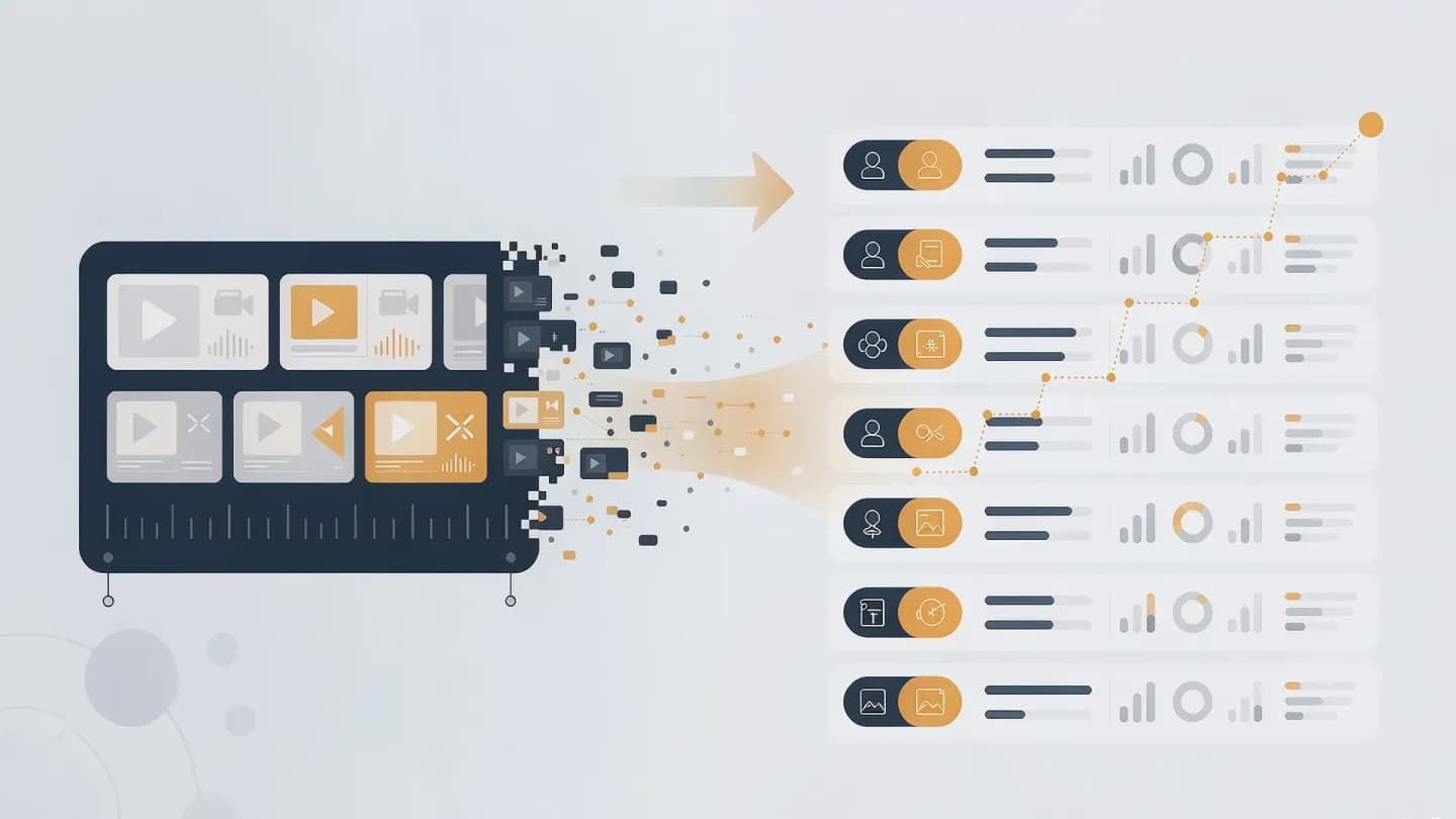 Flat editorial illustration showing a video timeline breaking into labelled data rows with ID chips
