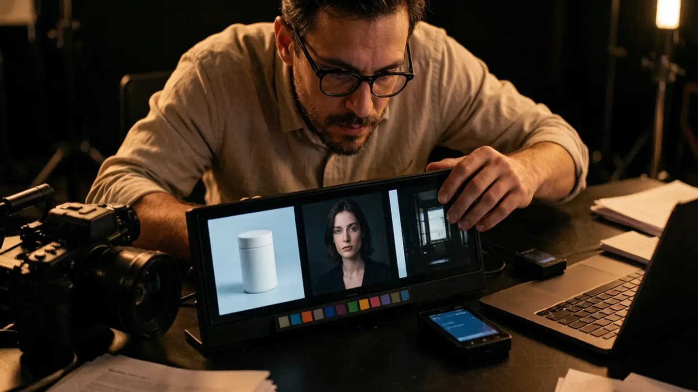 A director reviewing product, character, and location reference boards on a screen in a studio