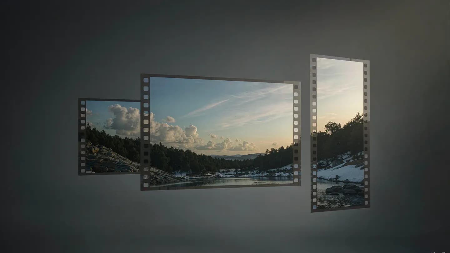 A wide film frame dividing into one wide, one square and one tall panel on a dark studio background
