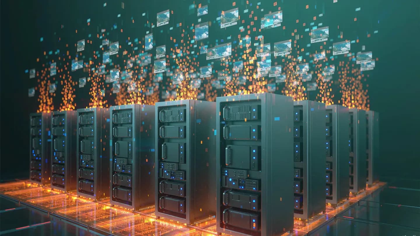 Glowing GPU server racks streaming many video frames in a render farm