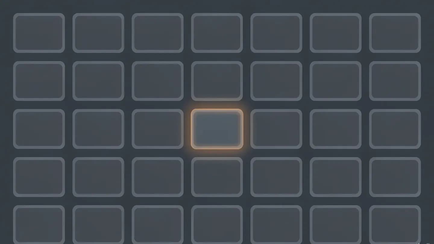 An orderly grid of identical slate-blue video frames on a dark navy field, with one frame near the center glowing amber