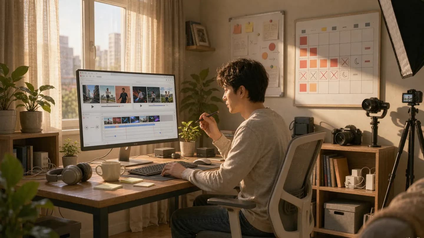 A video editor reviewing a batch of AI-generated clips in a calm studio with rest days marked on a calendar
