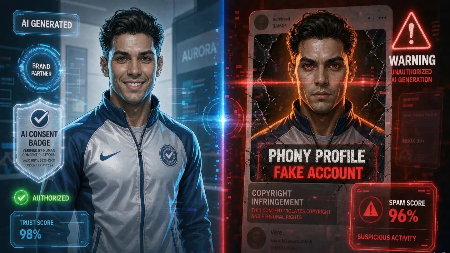 Split screen comparing a labeled AI brand avatar with a consent badge against an unlabeled AI clone of a real person