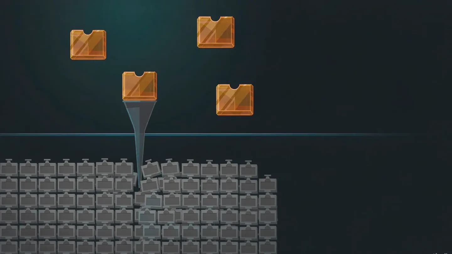 A dense grid of identical grey clip tiles beneath a divider funnelling upward into a handful of large finished amber tiles.