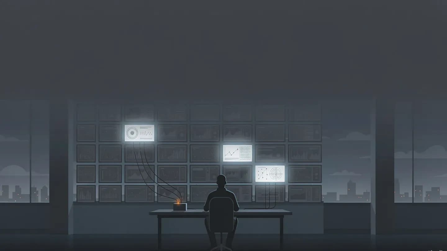Illustration of a control room where most monitoring panels are dimmed and only three still glow, with a single operator facing the wall