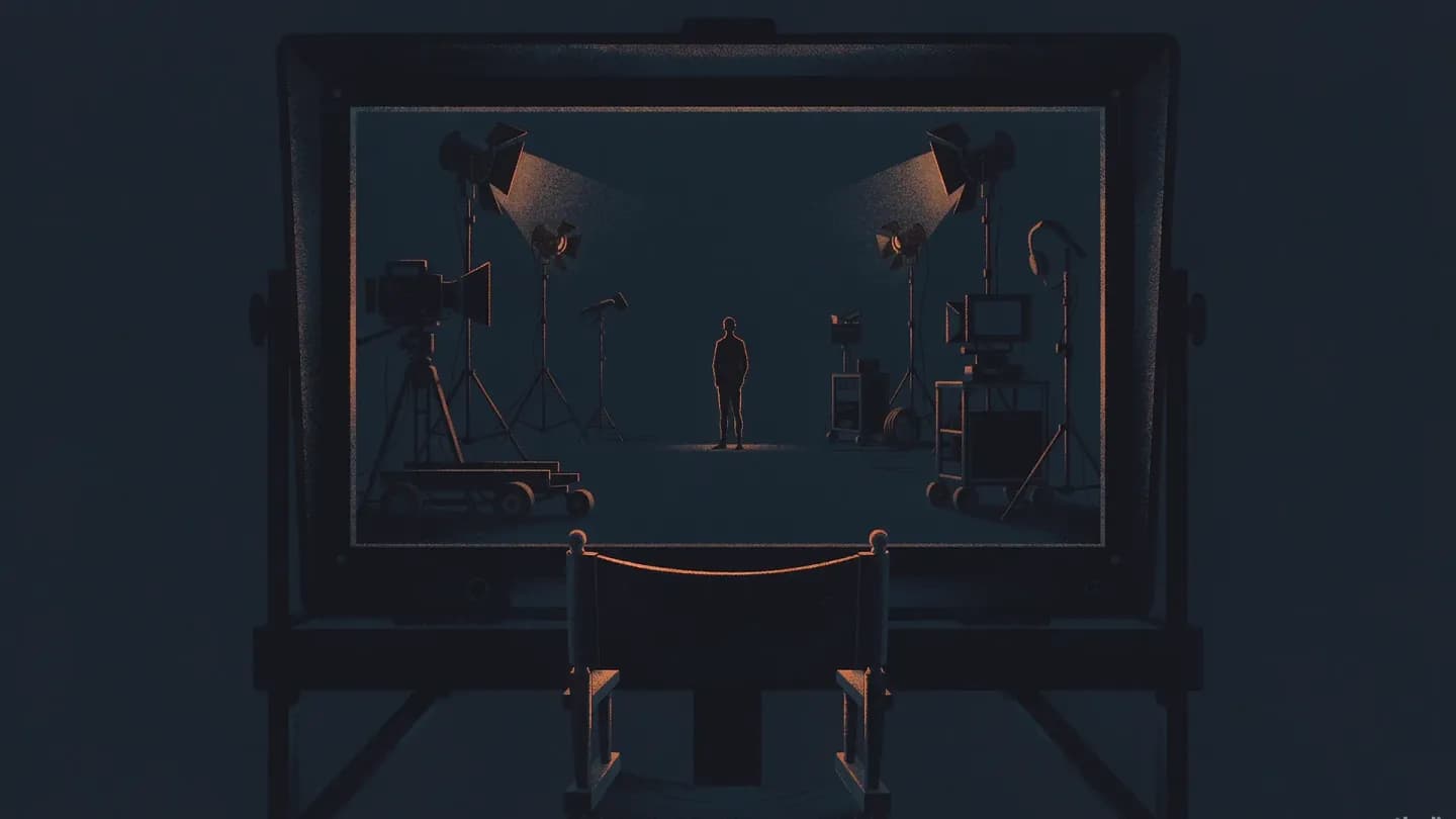 A director's chair facing a large monitor on a flat dark navy background
