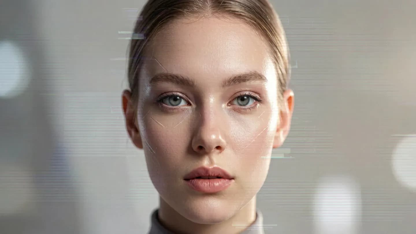 A photorealistic AI-generated virtual influencer lit for a premium brand campaign