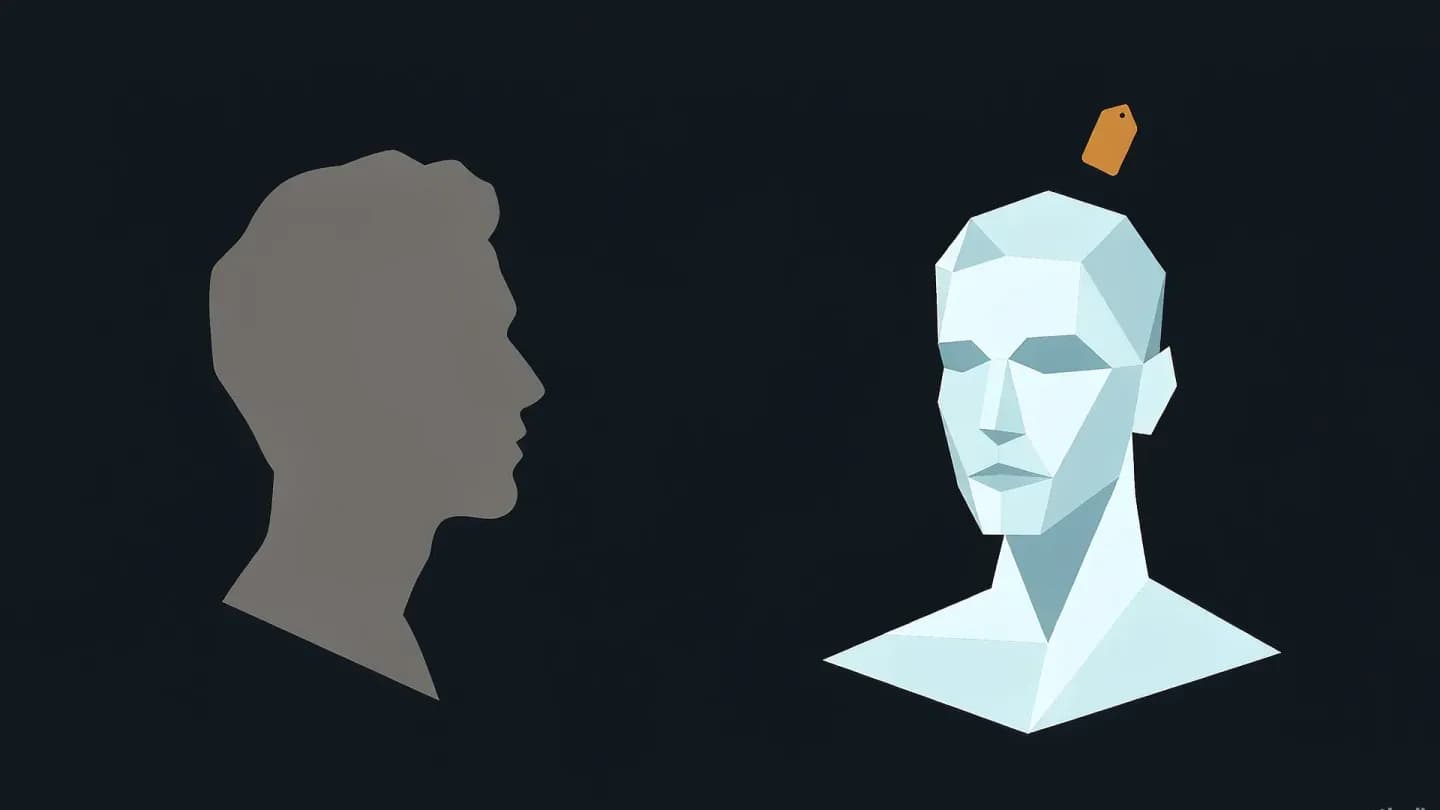 An abstract human head silhouette in grey beside a geometric synthetic portrait in pale blue with a small amber tag shape on a dark navy field