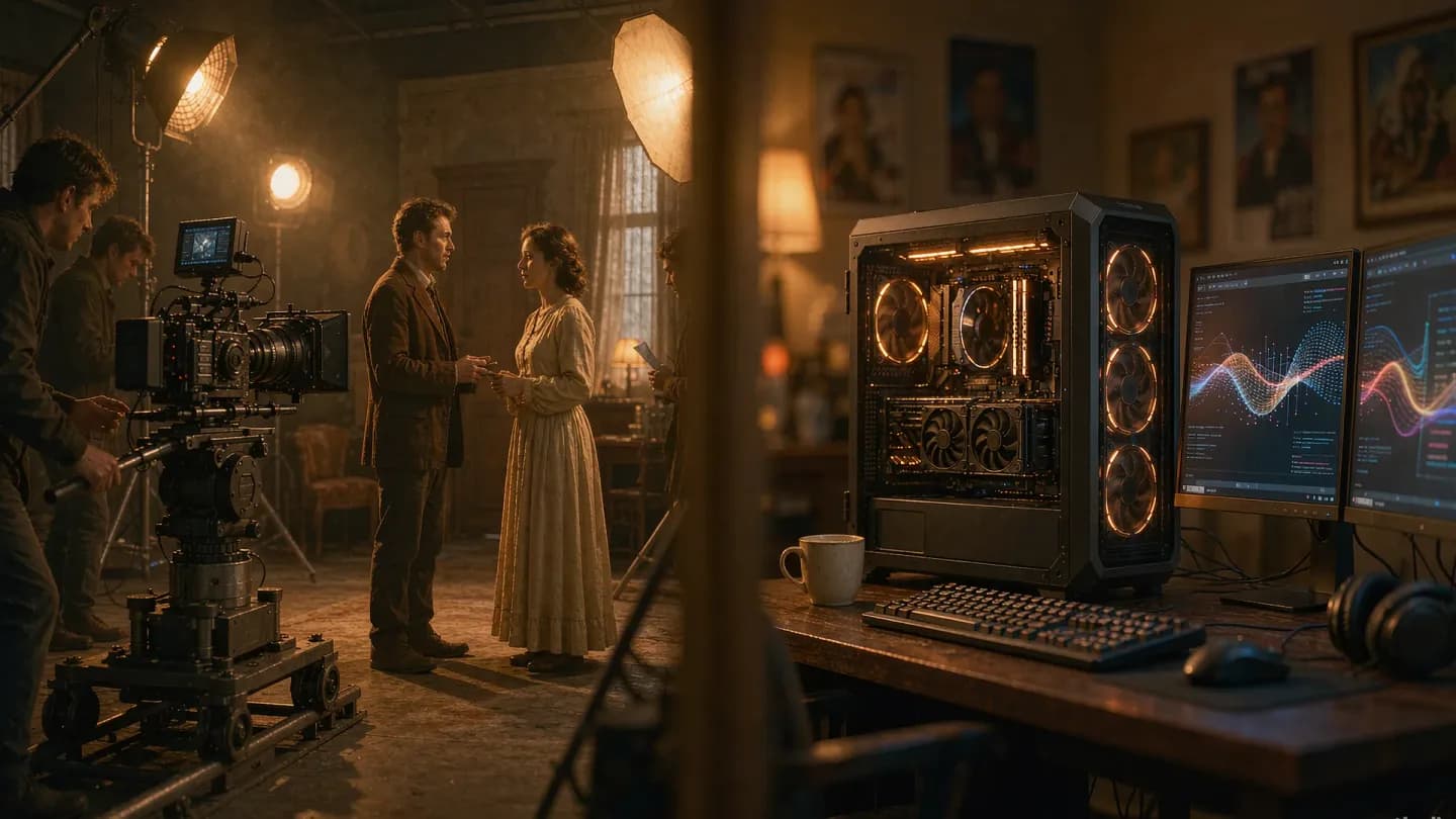 A film set and an AI video workstation side by side, representing the two production models.
