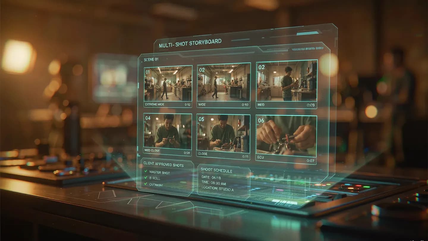 A control room where a commercial video team reviews a holographic multi-shot storyboard timeline.