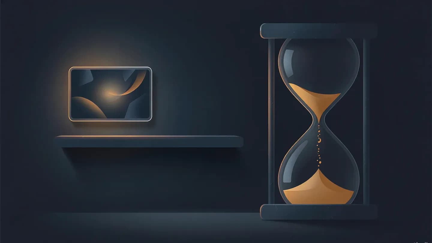 A single glowing storefront video tile on a shelf beside a large hourglass, showing the video expiring