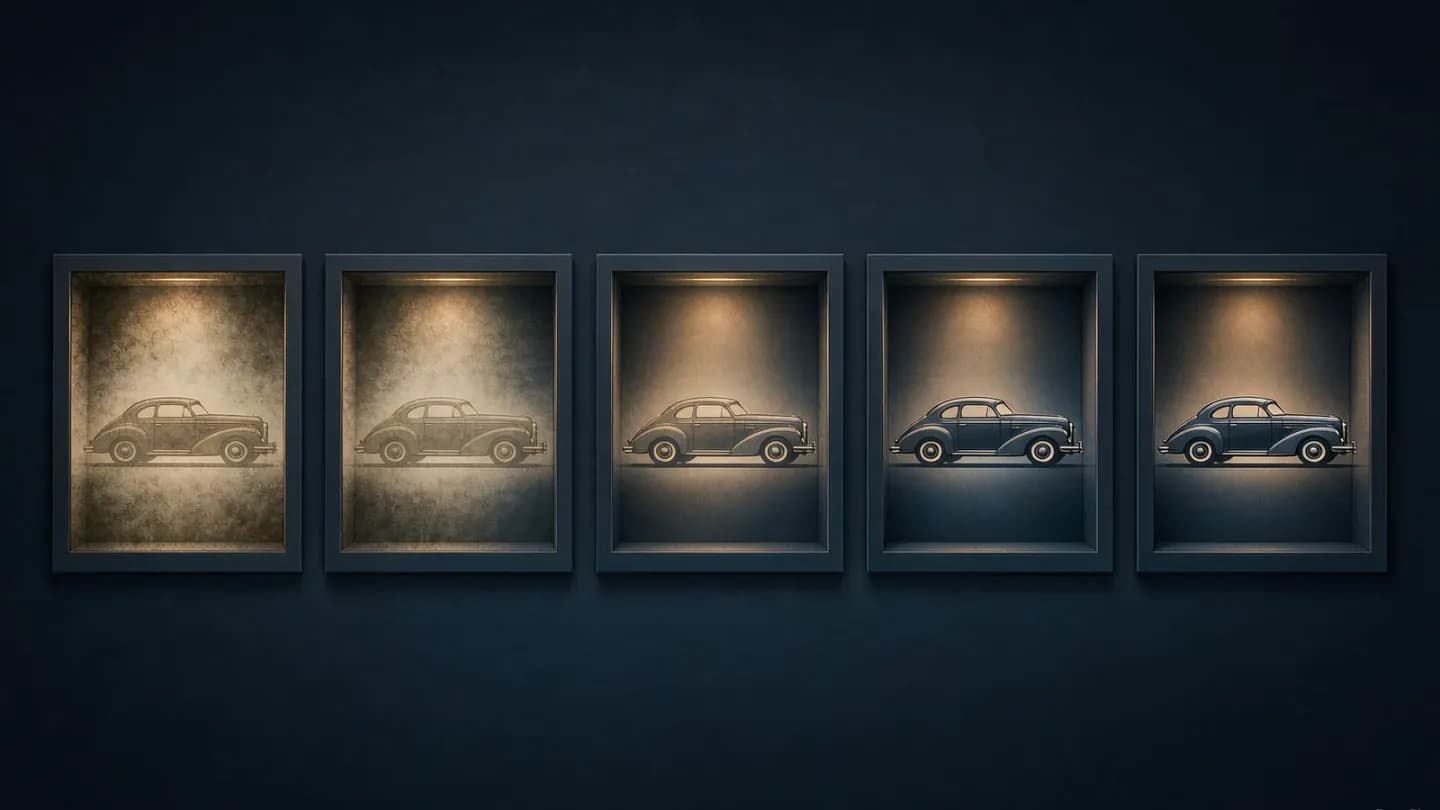 A dark navy archive wall holds five car silhouettes in lit panels, fading from sepia memory tones on the left to crisp vivid rendering on the right