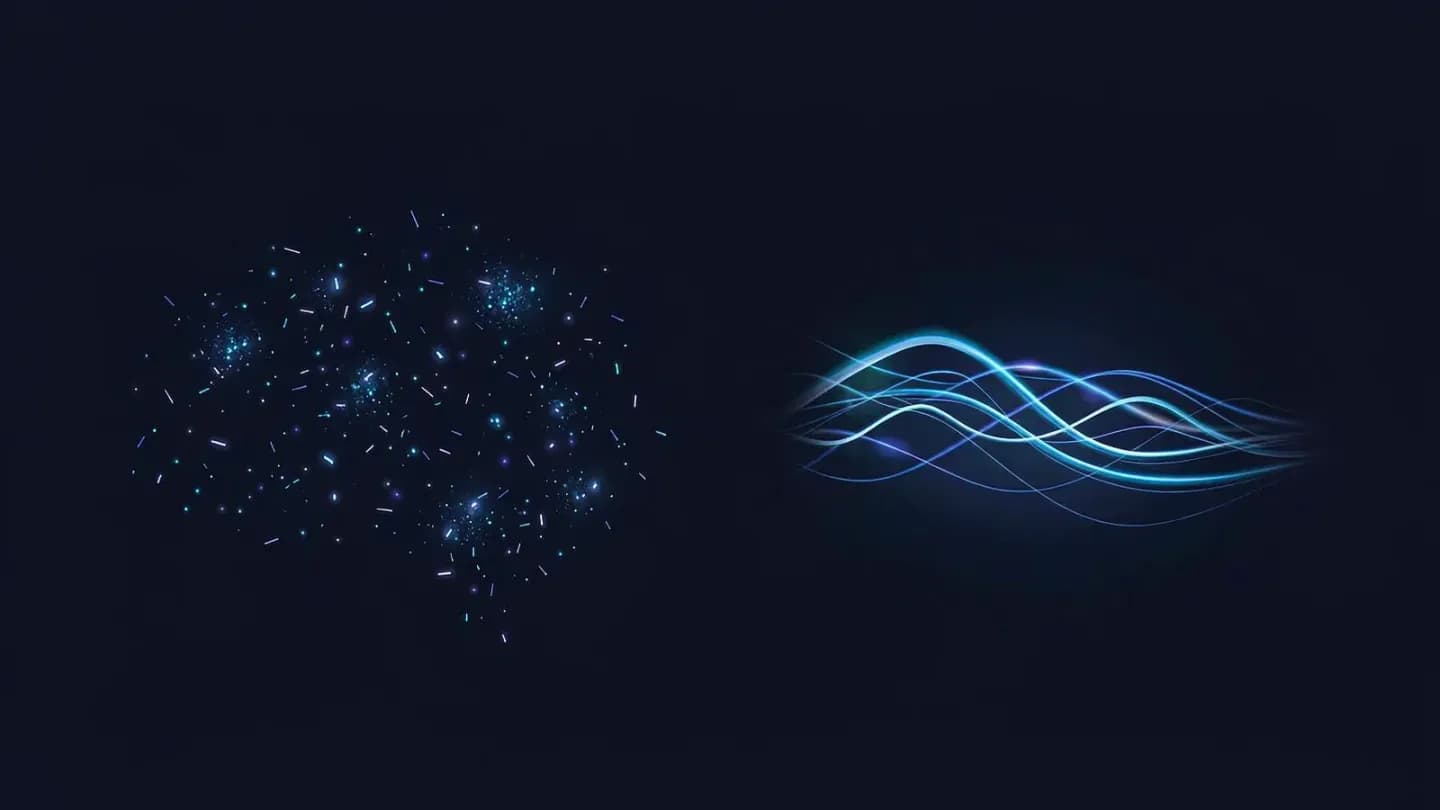 Abstract diagram contrasting scattered fragmented sparks with steady connected brain waves.
