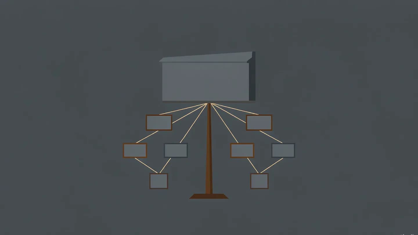 Flat vector illustration of one billboard panel with a fan of small viewer screens spreading from its base