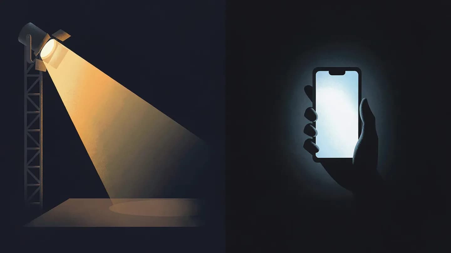 Flat illustration split in two panels: a warm amber stage spotlight on a podium on the left and a glowing phone screen held by a silhouette on the right, on deep navy