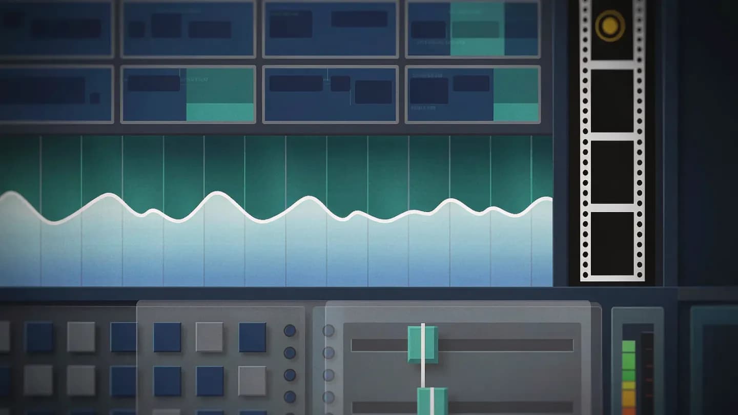 Audio waveform and mixer next to a film frame for co-generated video