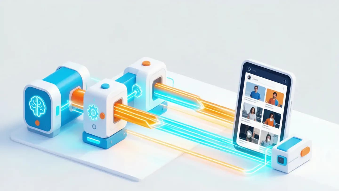 An automated line of branded AI video variants flowing to a social feed