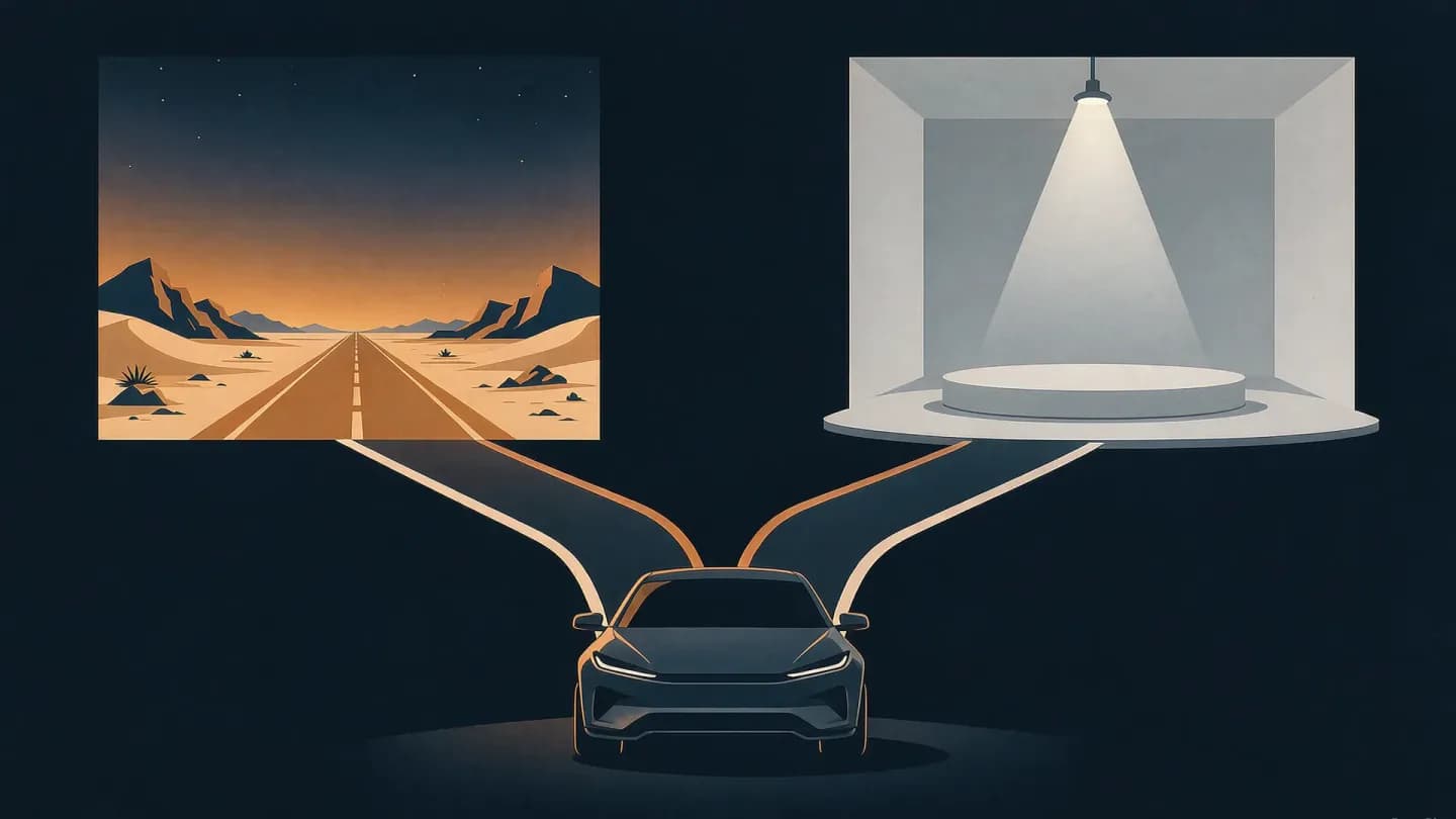 A car silhouette at a fork on a dark navy field: one amber-lit path leads to a desert highway under a day-to-night sky, the other to an empty grey studio podium